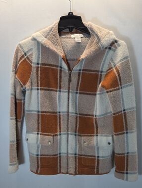 Rachel Zoe Fuzzy Knit Zip Sweater in Camel, Cream & Rust Size M
